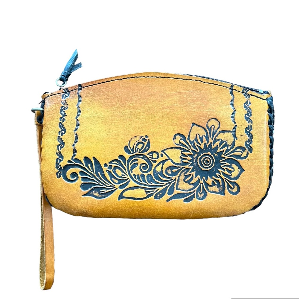leather floral stamped clutch wristlet